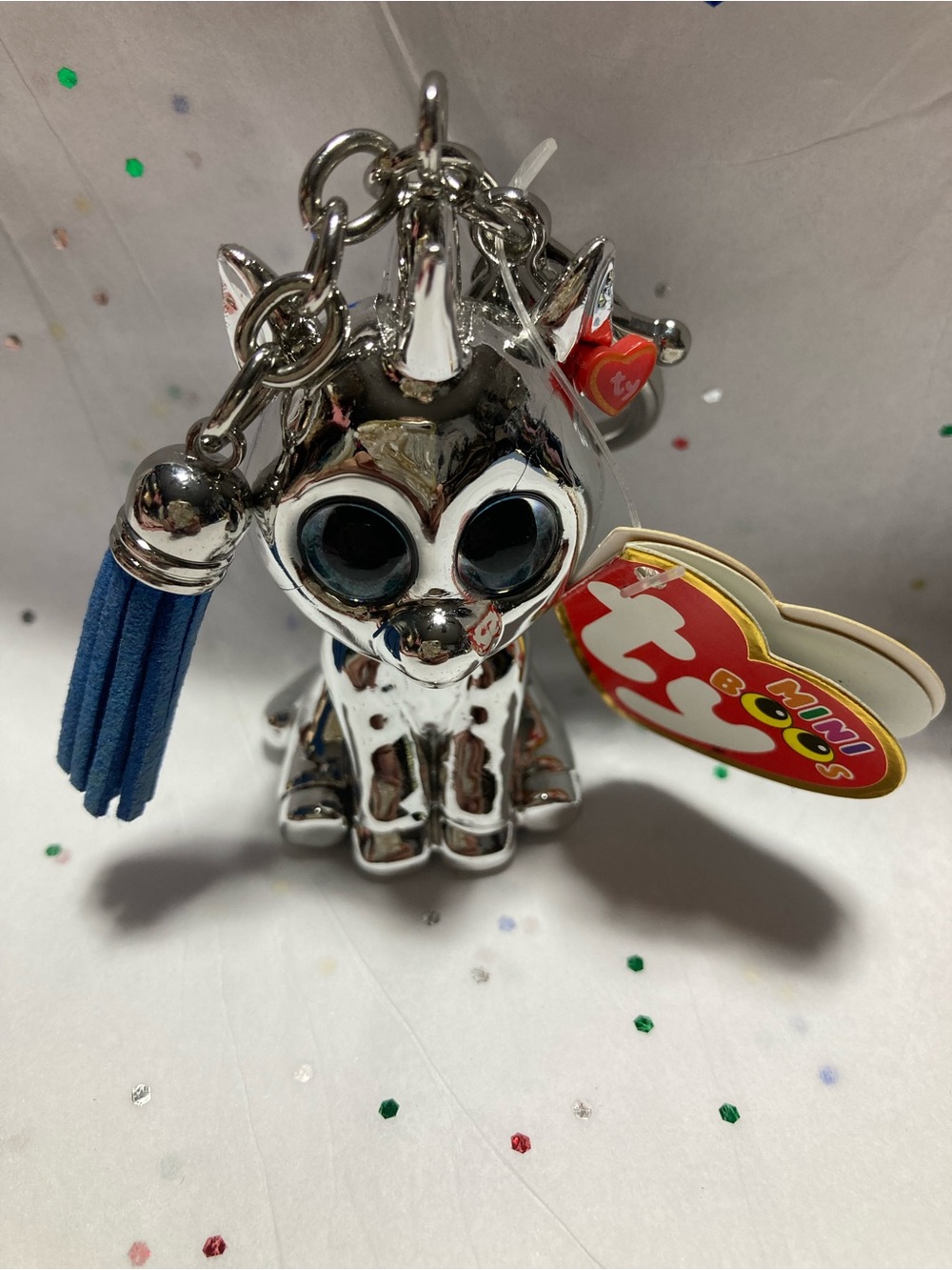 Ty Silver Unicorn Mini Keychain with Blue Tassel